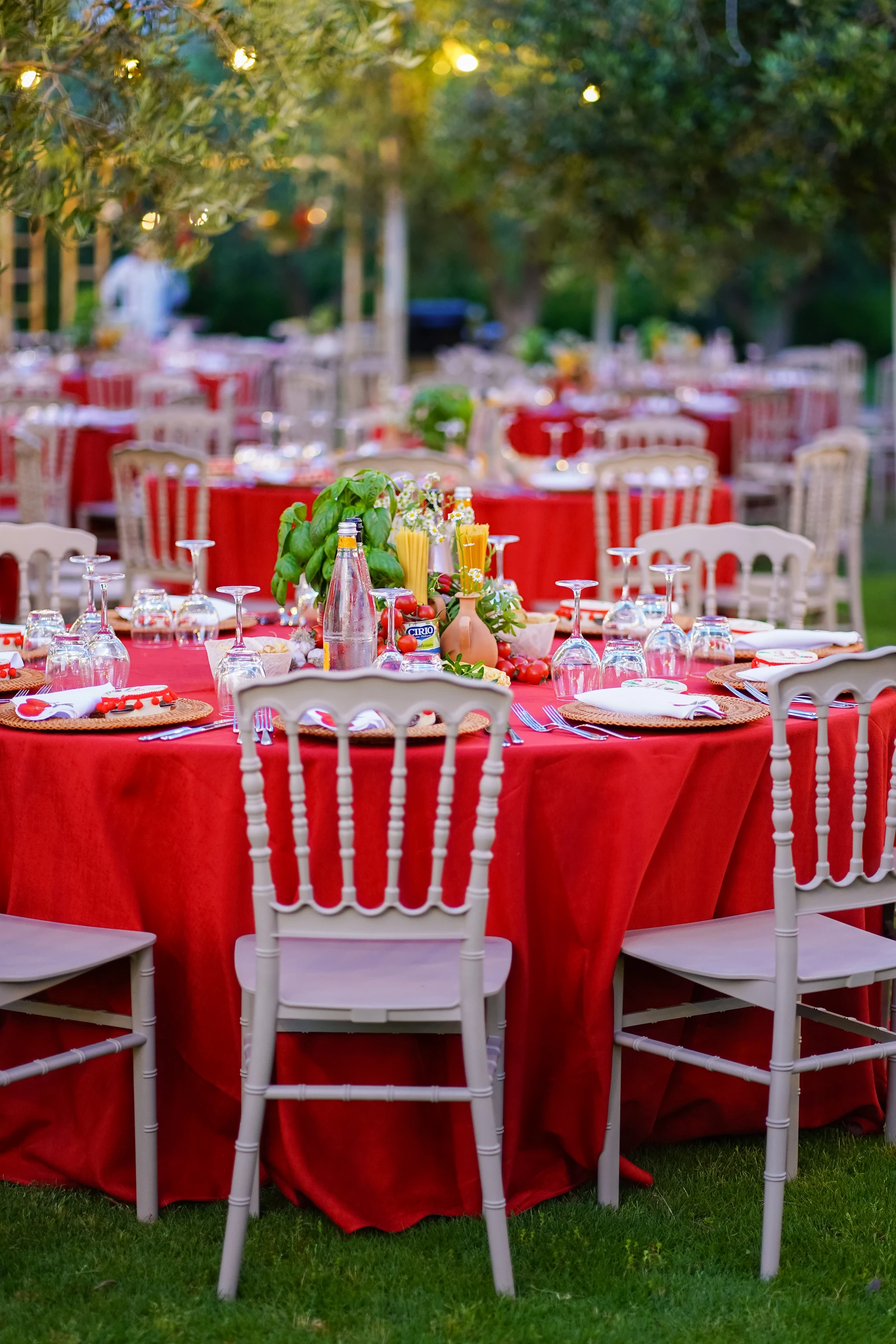 Tavoli allestiti in giardino per una cena aziendale